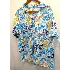 CJ Banks Button Up Top Women's 3X Aqua Blue Floral Short Sleeve Vneck Collar